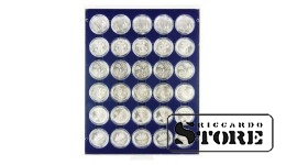 Numismatic box in the MARINE modification with 30 round compartments for coin capsules up to 37.5 mm in diameter, ideal for German silver coins with denominations of 20 / 10 euros in original capsules in "proof" quality.