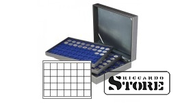 NERA XL cassette with 3 inserts and dark blue velvet-covered tablets with 105 square compartments for coins/coin capsules up to 36 mm in diameter.