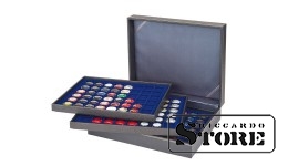 NERA XL cassette with 3 inserts and dark blue velvet-covered tablets with 144 square compartments for coins/coin capsules up to 30 mm in diameter or for champagne capsules.