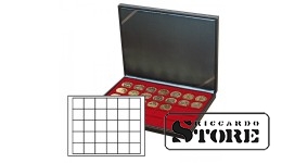 NERA M case with a dark red insert and 30 square compartments for storing coins/coin capsules up to 38 mm in diameter.