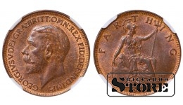 Великобритания Король Георг V (1910 - 1936), 1 фартинг (1/4 пенни) 1932, NGC MS 65 BN