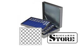 NERA XL cassette with 3 inserts and dark blue velvet-covered tablets for storing 90 coin capsules with an external diameter of 37.5 mm, for example, for storing silver coins from Germany with a 20/10 euro denomination in original capsules, in "proof" qual