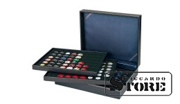 NERA XL cassette with 3 inserts and black velvet-covered tablets with 144 square compartments for coins/coin capsules up to 30 mm in diameter or for champagne capsules.