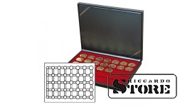 NERA M case with a dark red tray for storing 5 annual sets of euro coins in LINDNER capsules.