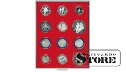 Numismatic box in STANDARD modification with 12 square slots for LINDNER spacer inserts, size 68x68 mm.