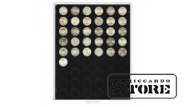 Numismatic box in CARBO modification with 54 round compartments for coins up to 25.75 mm in diameter, such as 2 euro coins.