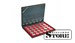 NERA M case with a light red tray for 30 round slots, designed for coin capsules with an outer diameter of 37.5 mm. Ideal for storing German silver coins of 20/10 euros in their original capsules, in proof quality.