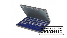 NERA M case with a dark blue tray for 35 round cells to hold coin capsules with an outer diameter of 32 mm, such as for holding 2 euro coins in LINDNER capsules.