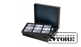 NERA XL cassette with 3 inserts and dark blue velvet-covered tablets for storing 27 graded coins sized 63x85 mm, from American grading companies.