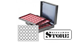 NERA XL cassette with 3 inserts and light red velvet-covered tablets for storing 105 coin capsules with an external diameter of 32 mm, for example, for storing 2 euro coins in LINDNER capsules.