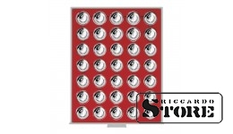 Numismatic box in Standard modification with 35 round slots for placing 10 euro coins with a polymer ring in capsules. Includes 10 coin capsules.