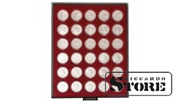 Numismatic box in RAUCHGLAS modification with 30 round slots for coin capsules with an external diameter of 39.5 mm, for example, for storing silver coins from Germany with a denomination of 20/10 euros in LINDNER capsules.