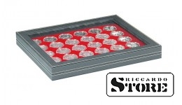 NERA M PLUS cassette with a light red tablet and 30 round compartments for coin capsules with an outer diameter of 39.5 mm, for example, to store silver coins from Germany with a face value of 20/10 euros in LINDNER capsules.