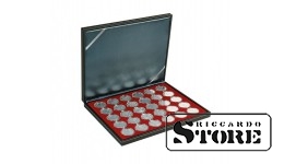 NERA M case with a dark red tray for 30 round slots, designed for coin capsules with an outer diameter of 39.5 mm. Ideal for storing German silver coins of 20/10 euros in LINDNER capsules.