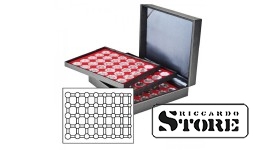 NERA XL cassette with 3 inserts and light red velvet-covered tablets for storing 15 annual euro coin sets in LINDNER capsules.