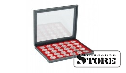 NERA M PLUS cassette with a light red tablet and 30 round compartments for coin capsules with an outer diameter of 39.5 mm, for example, to store silver coins from Germany with a face value of 20/10 euros in LINDNER capsules.