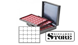 NERA XL cassette with 3 inserts and light red velvet-covered tablets for storing 60 coin frames 50x50 mm / CARRÉE coin capsules / OCTO coin capsules.