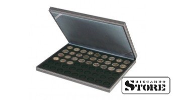 NERA M case with a black tray for 54 round cells to hold coins 25.75 mm in diameter, such as 2 euro coins.