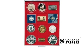 Numismatic box in STANDARD modification with 12 square cells for coins/coin capsules up to 66 mm in diameter.