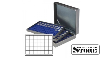 NERA XL cassette with 3 inserts and dark blue velvet-covered tablets with 105 square compartments for coins/coin capsules up to 36 mm in diameter.