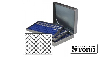 NERA XL cassette with 3 inserts and dark blue velvet-covered tablets for storing 90 coin capsules with an external diameter of 37.5 mm, for example, for storing silver coins from Germany with a 20/10 euro denomination in original capsules, in "proof" qual