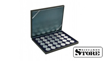 NERA M case with a dark blue tray for 30 round cells to hold coin capsules with an outer diameter of 39.5 mm, such as for holding silver coins from Germany with a denomination of 20/10 euro in LINDNER capsules.