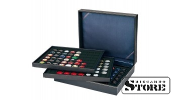 NERA XL cassette with 3 inserts and black velvet-covered tablets with 144 square compartments for coins/coin capsules up to 30 mm in diameter or for champagne capsules.