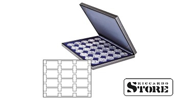 NERA M tray with a dark blue insert and 12 rectangular slots for REBECK COIN L coin holders (75 mm x 50 mm).