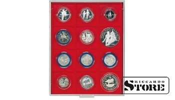 Numismatic box in STANDARD modification with 12 square slots for LINDNER spacer inserts, size 68x68 mm.