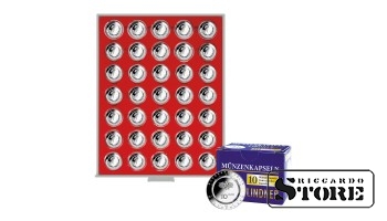 Numismatic box in Standard modification with 35 round slots for placing 10 euro coins with a polymer ring in capsules. Includes 10 coin capsules.