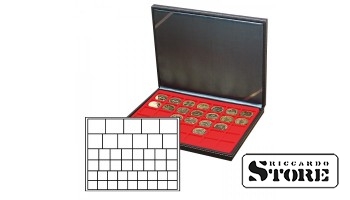 NERA M case with a light red tray for 45 rectangular cells for storing coins/coin capsules up to 24, 28, 39, and 44 mm in diameter.