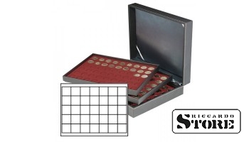 NERA XL cassette with 3 inserts and dark red velvet-covered tablets with 105 square compartments for coins/coin capsules up to 36 mm in diameter.