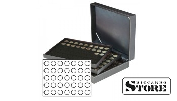 NERA XL cassette with 3 inserts and black velvet-covered tablets for storing 105 coins with a diameter of 32.5 mm, for example, for storing silver coins from Germany with a 20/10 euro denomination.