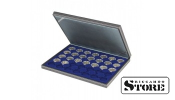 NERA M case with a dark blue tray for 35 round cells to hold coin capsules with an outer diameter of 32 mm, such as for holding 2 euro coins in LINDNER capsules.