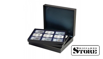 NERA XL cassette with 3 inserts and dark blue velvet-covered tablets for storing 27 graded coins sized 63x85 mm, from American grading companies.