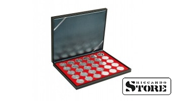 NERA M case with a light red tray for 30 round compartments for coin capsules with an outer diameter of 39.5 mm, for example, for storing silver coins from Germany with a denomination of 20/10 euros in LINDNER capsules.