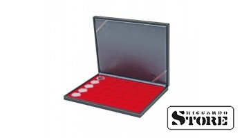 NERA M case with a light red tray, 35 round compartments for coin capsules with an outer diameter of 34 mm, suitable for German 5 euro coins in LINDNER capsules.