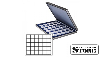 NERA M case with a dark blue tray for 30 square cells for storing coins/coin capsules up to 38 mm in diameter.