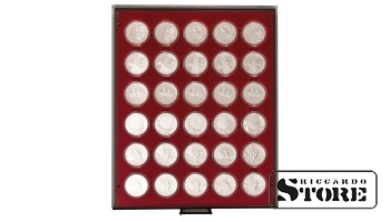 Numismatic box in RAUCHGLAS modification with 30 round slots for coin capsules with an external diameter of 39.5 mm, for example, for storing silver coins from Germany with a denomination of 20/10 euros in LINDNER capsules.