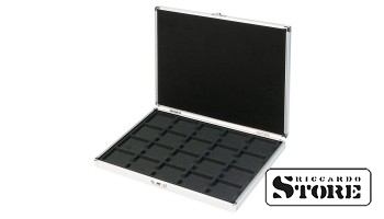 ALU numismatic case for 20 coin holders 50x50 mm or CARRÉE/OCTO coin capsules, with a black tray. SPECIAL OFFER.