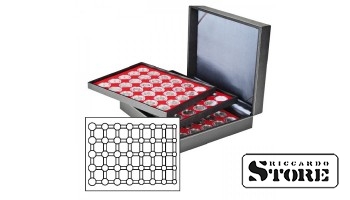 NERA XL cassette with 3 inserts and light red velvet-covered tablets for storing 15 annual euro coin sets in LINDNER capsules.