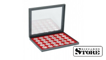 NERA M PLUS cassette with a light red tablet and 30 round compartments for coin capsules with an outer diameter of 39.5 mm, for example, to store silver coins from Germany with a face value of 20/10 euros in LINDNER capsules.