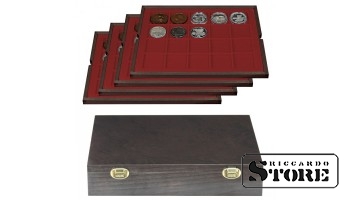 CARUS natural wood case with 4 inserts for 80 coins/coin capsules up to 47 mm in diameter.