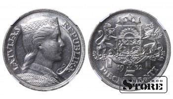 Latvia Alberts Kviesis (1930 - 1934), 1932 5 Lats, NGC MS 62 Silver